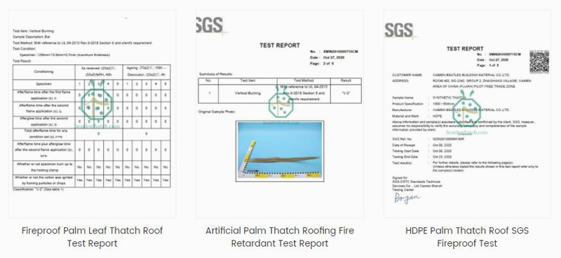 SGS fireproof test report for synthetic palm thatched roofing tiles in China