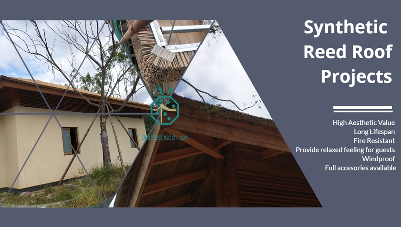 Synthetic reed thatch roof for waterfront landscape design for beach hotel villas