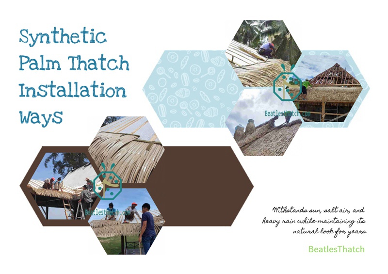 Installation of synthetic palm thatch roof on wooden lodge cabin buildings